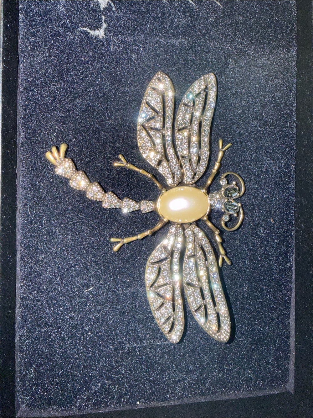 Heidi Daus Gold and Pearl Dragonfly Brooch with Clear Crystals
